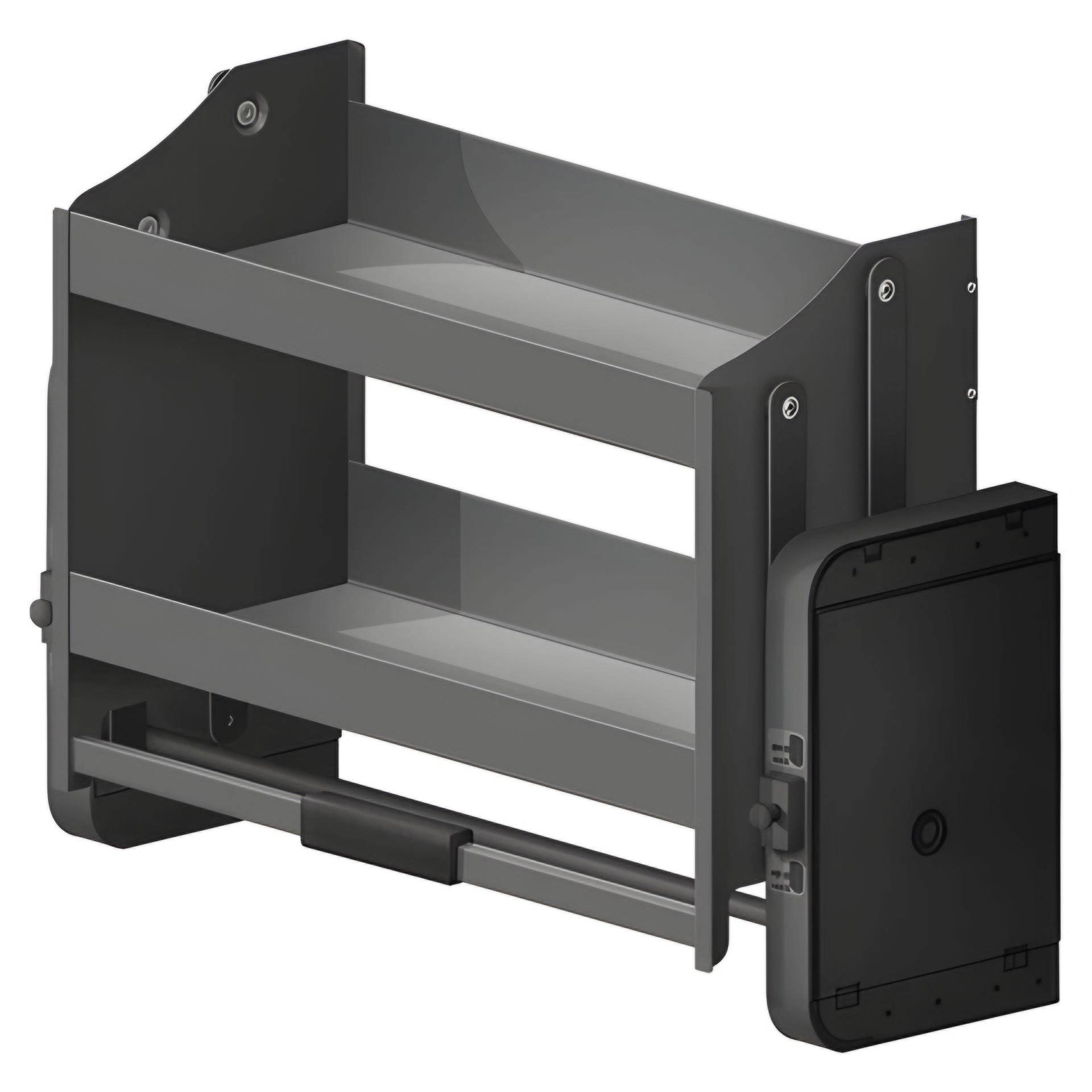 A black alloy pull down elevator basket with a mobile phone placed in it, showcasing its storage space and mechanism.