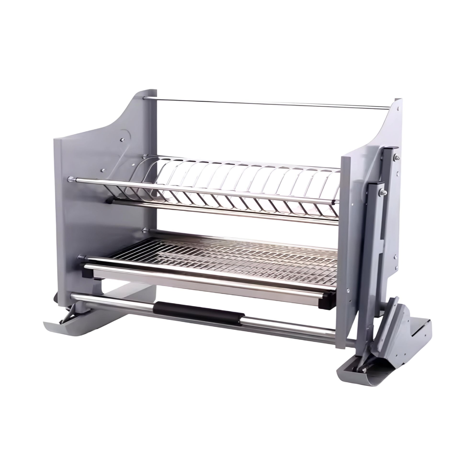 A stainless steel pull down elevator basket with plate storage, featuring adjustable height and silicone handles.