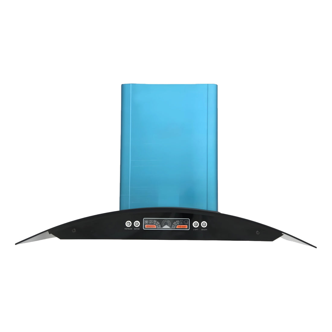 A black glass range hood with a stainless steel effect and a blue internal structure, featuring a curved design and control panel on the front.