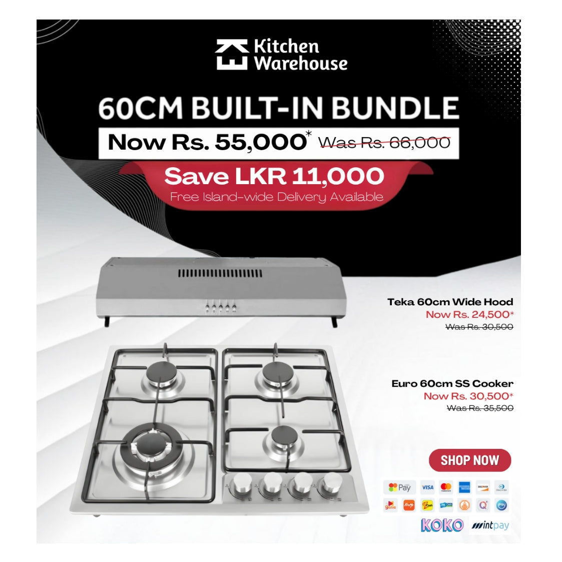 Dual Kitchen Solution: 4 Burner SS Hob + 60cm SS Hood