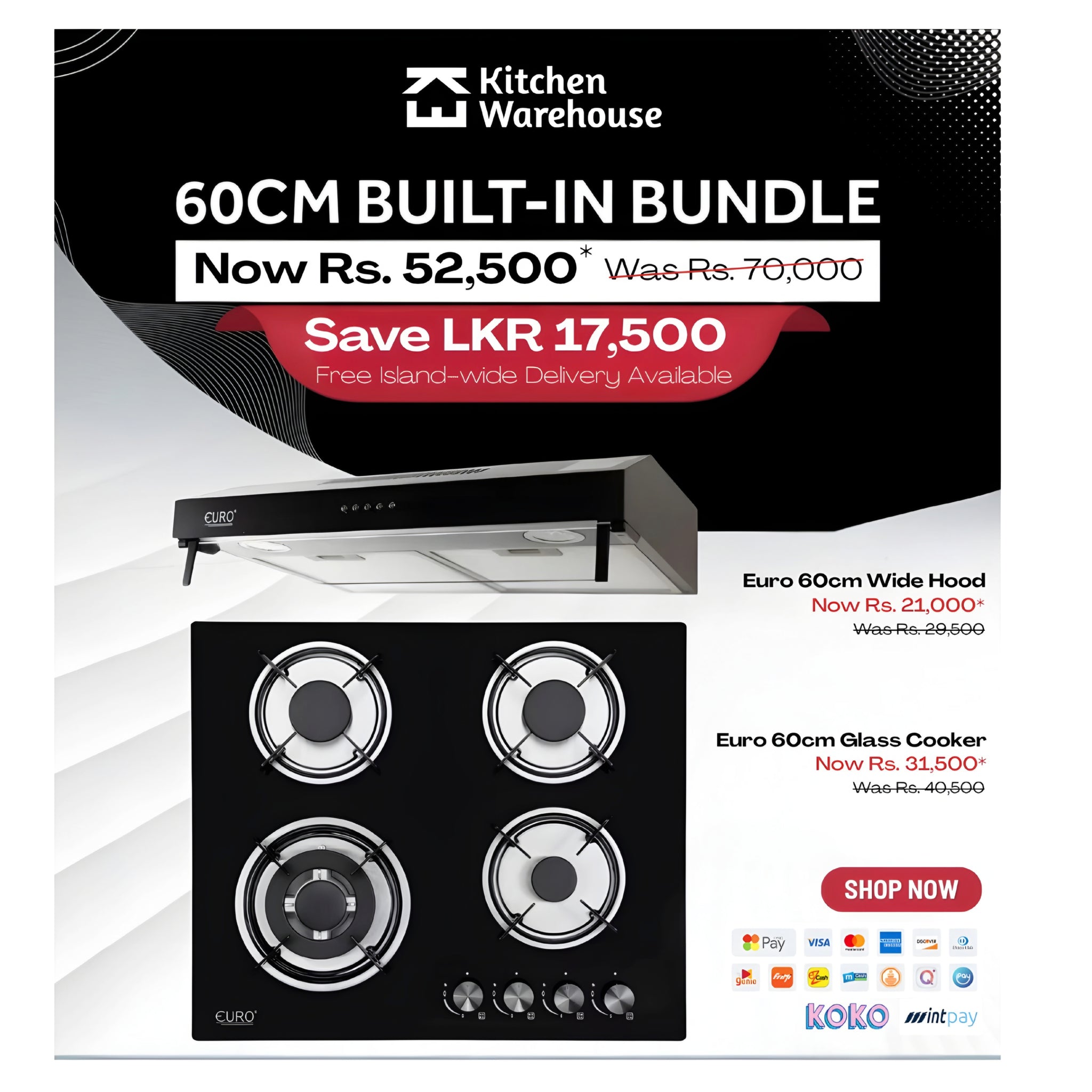 Euro Kitchen Bundle: 60cm Hood + 60cm 4 burner built-in Hob