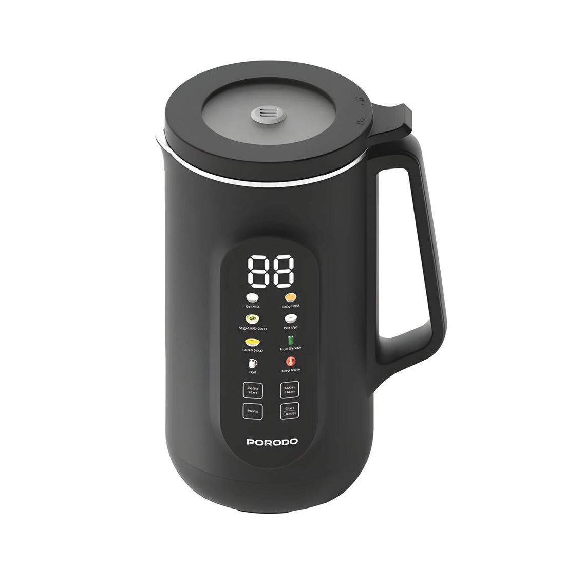 A black Porodo Lifestyle nut milk maker with a digital display and various blending settings.