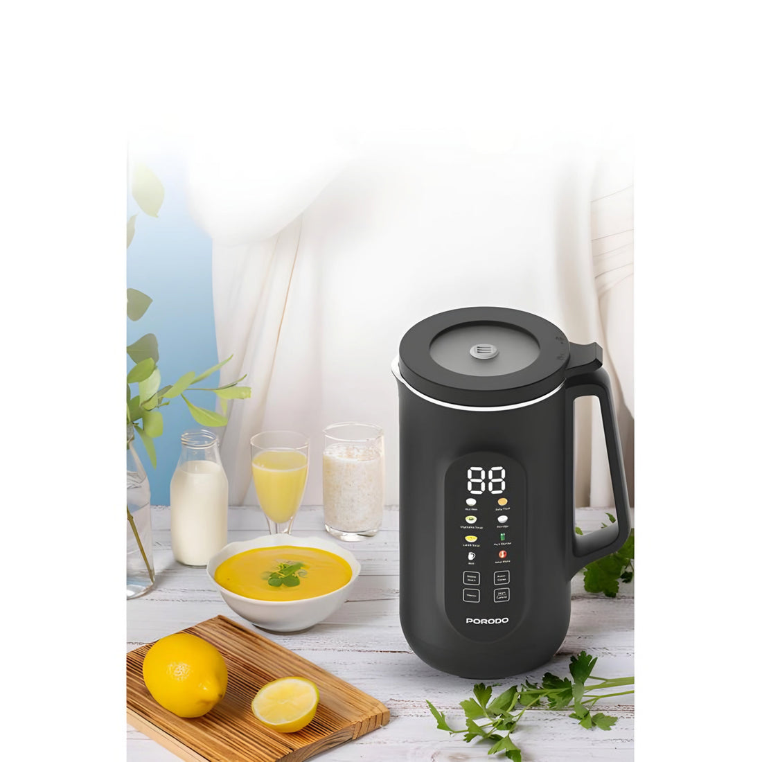 A black Porodo Lifestyle nut milk maker with a digital display and various blending settings.