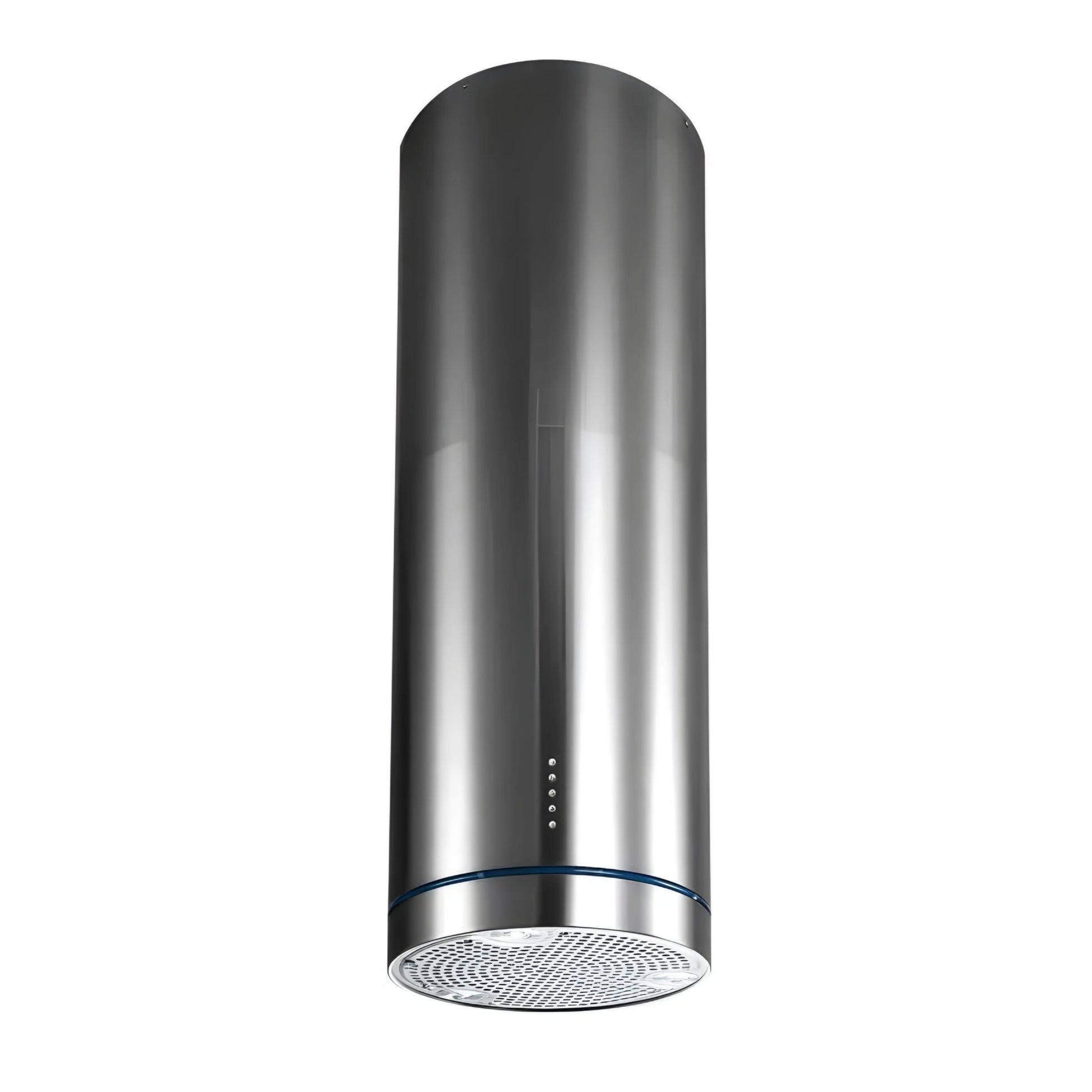 A sleek gray cylindrical range hood for kitchens with a modern design.