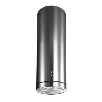 A sleek gray cylindrical range hood for kitchens with a modern design.