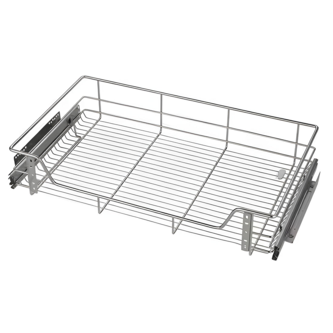 A silver-colored Mychoice pull-out under cabinet kitchen basket storage drawer with smooth ball bearing runners.