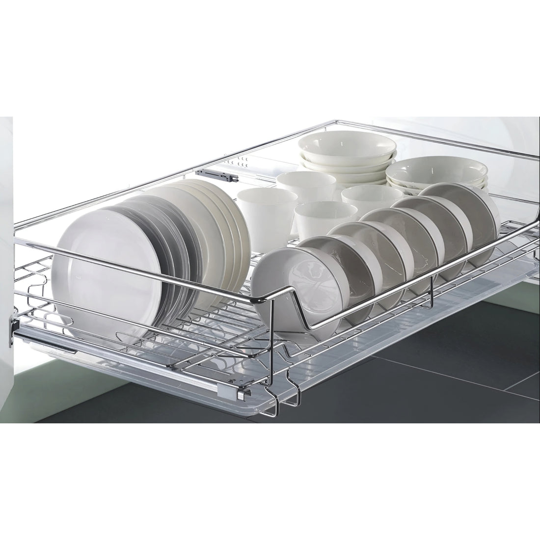 A silver metal pull out wire basket drawer organizer with a ventilated design, featuring a sliding mechanism and air vents.