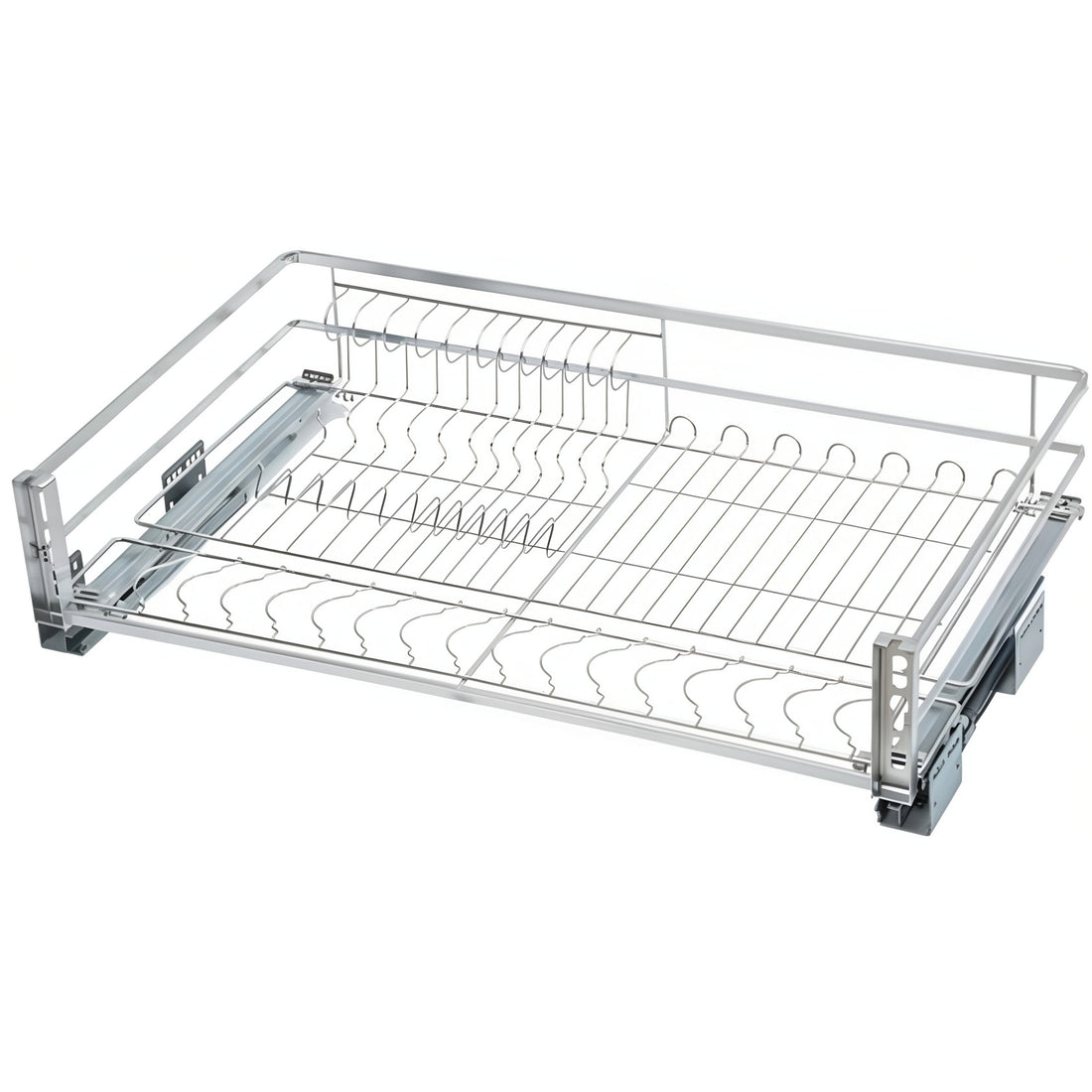 A silver metal pull out wire basket drawer organizer with a ventilated design, featuring a sliding mechanism and air vents.