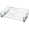 A silver metal pull out wire basket drawer organizer with a ventilated design, featuring a sliding mechanism and air vents.