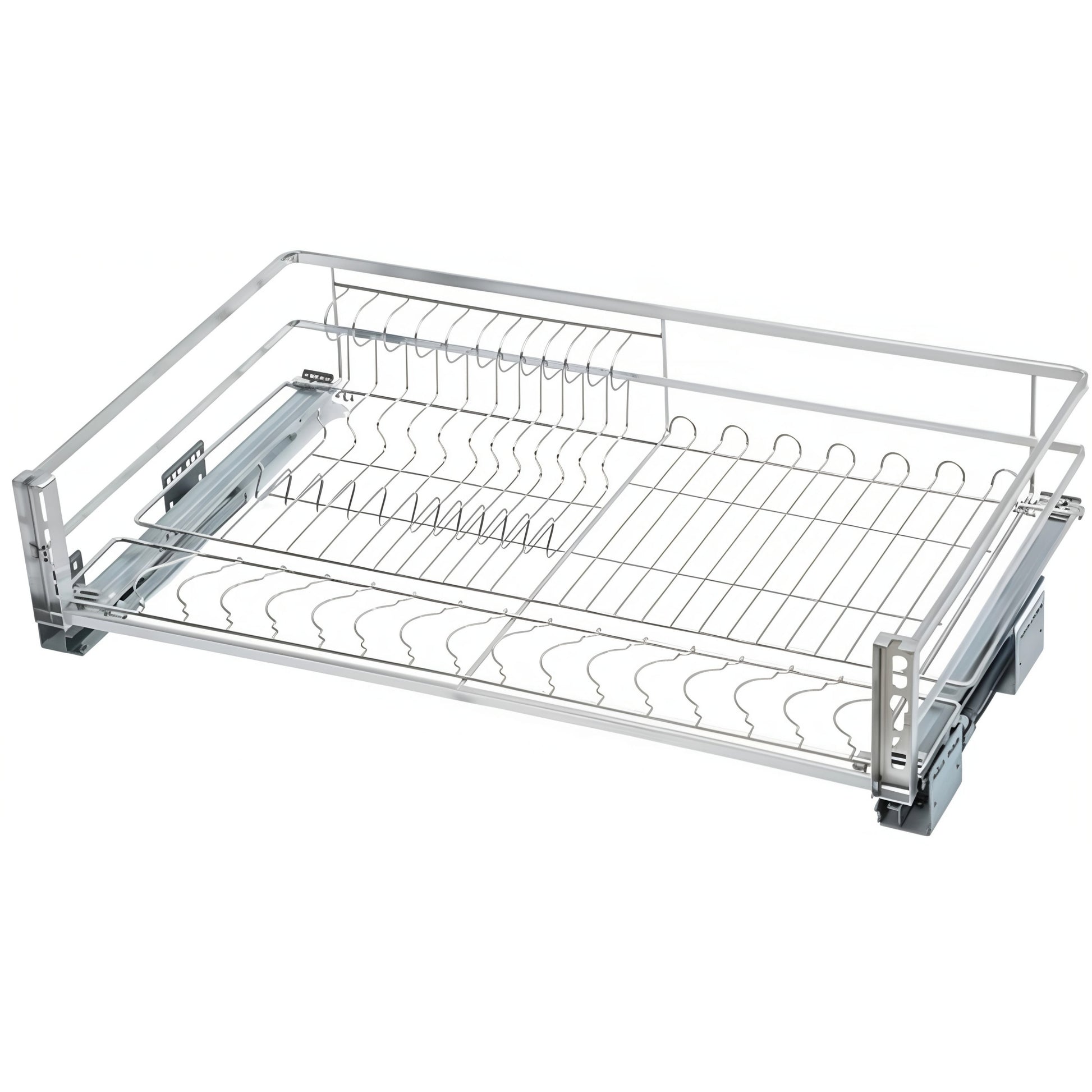 A silver metal pull out wire basket drawer organizer with a ventilated design, featuring a sliding mechanism and air vents.