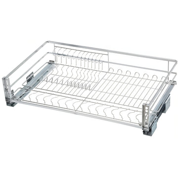 A silver metal pull out wire basket drawer organizer with a ventilated design, featuring a sliding mechanism and air vents.