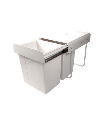 A white pullout double waste bin with a lid, designed to mount on the floor of a cabinet.