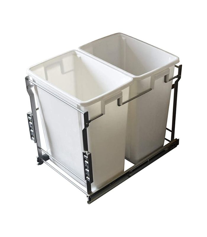 A white pullout double waste bin with grey aluminum slides, designed for floor mounting.