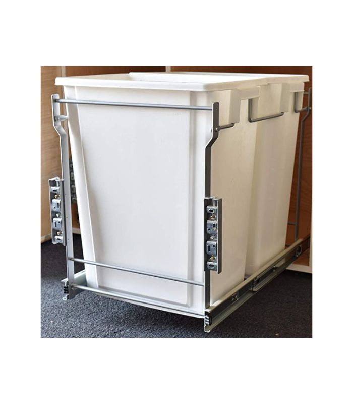 A white pullout double waste bin with grey aluminum slides, designed for floor mounting.