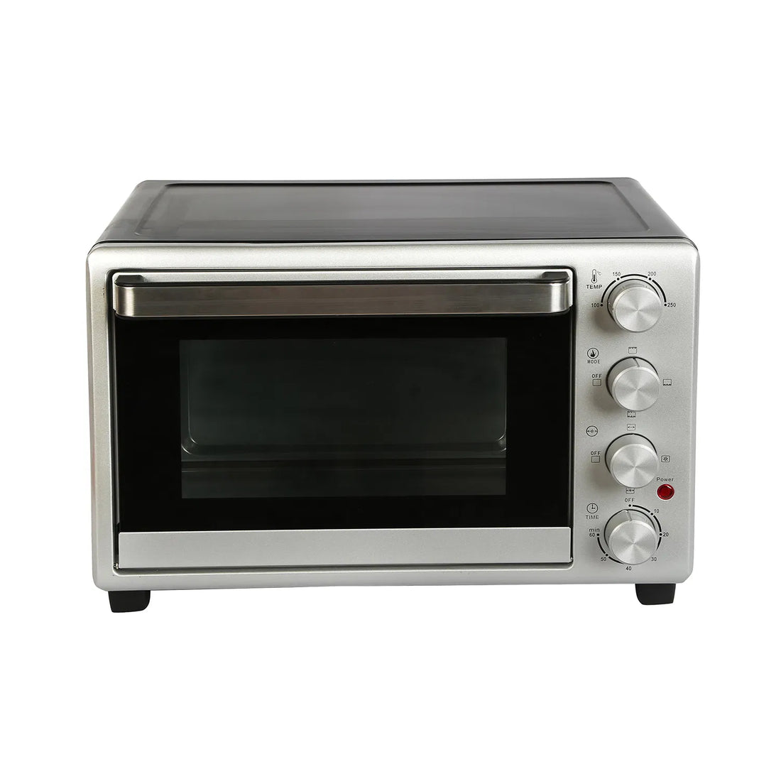 A RCL 20L Electric Oven with a black and silver color scheme, featuring mechanical timer controls and a glass door.
