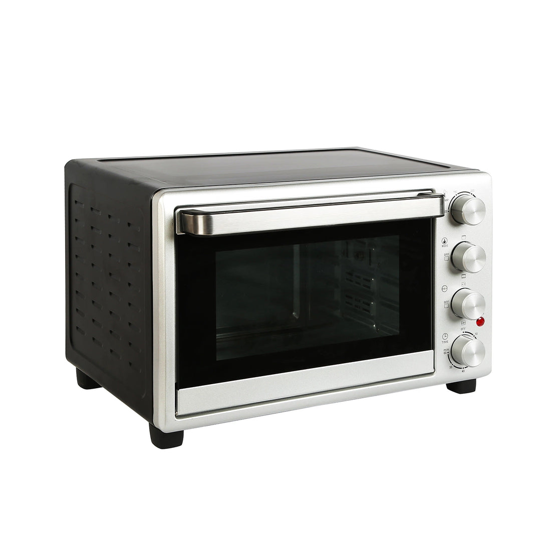 A RCL 20L Electric Oven with a black and silver color scheme, featuring mechanical timer controls and a glass door.