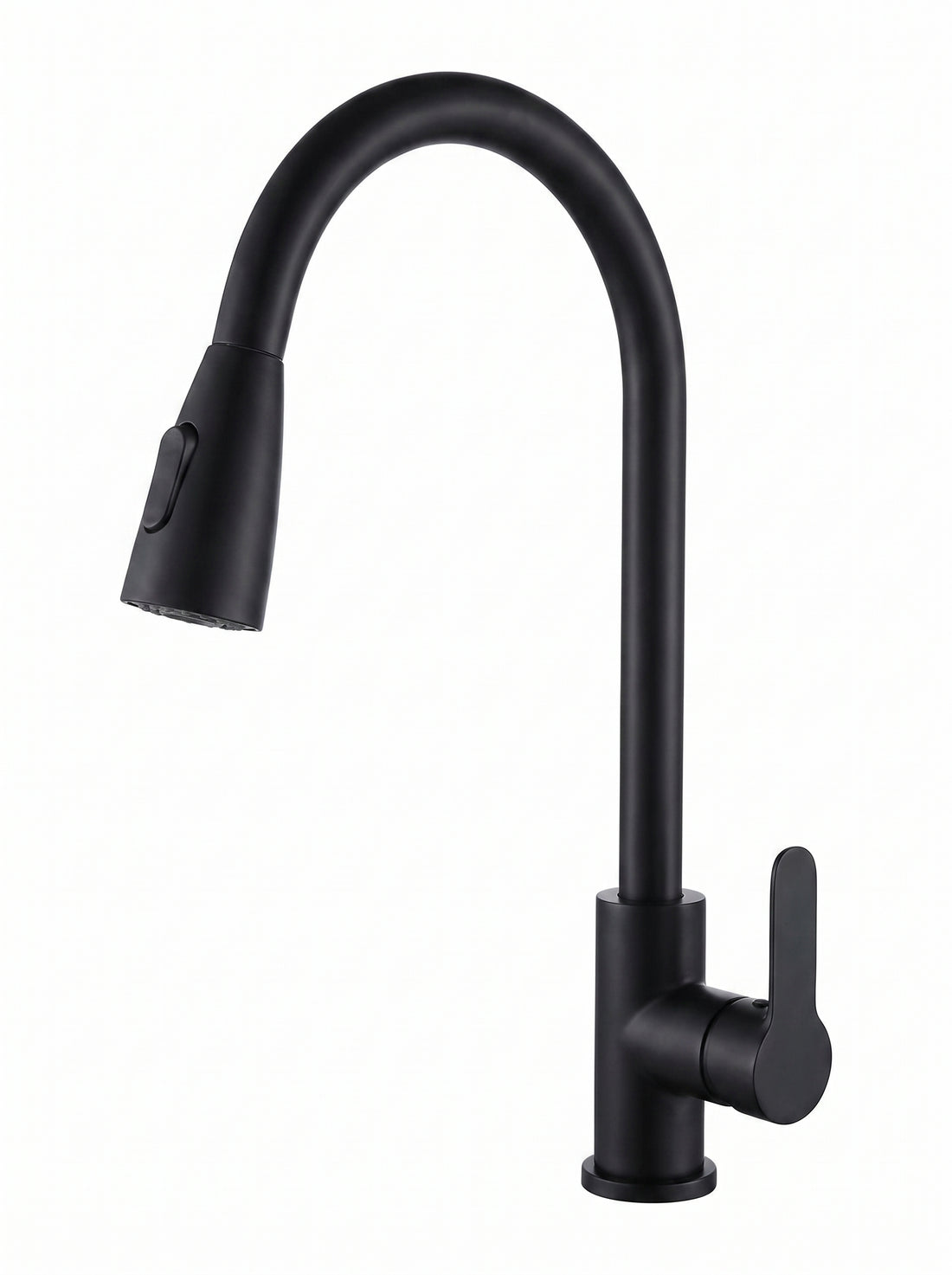 A silver kitchen sink faucet with a pull-out sprayer and a high arch, set against a white background.