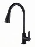A matte black gooseneck kitchen faucet with a pull-out spray head and a single lever handle, shown on a solid white background.