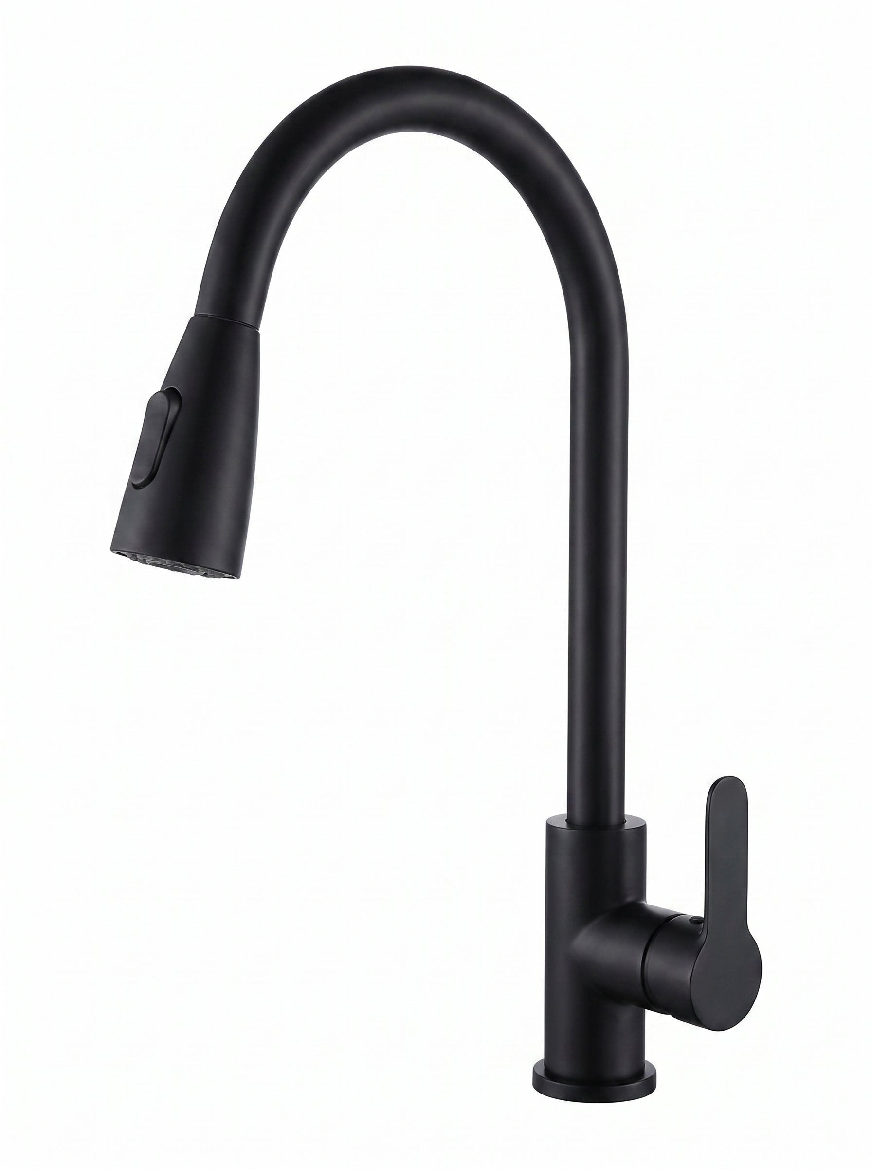 A matte black gooseneck kitchen faucet with a pull-out spray head and a single lever handle, shown on a solid white background.