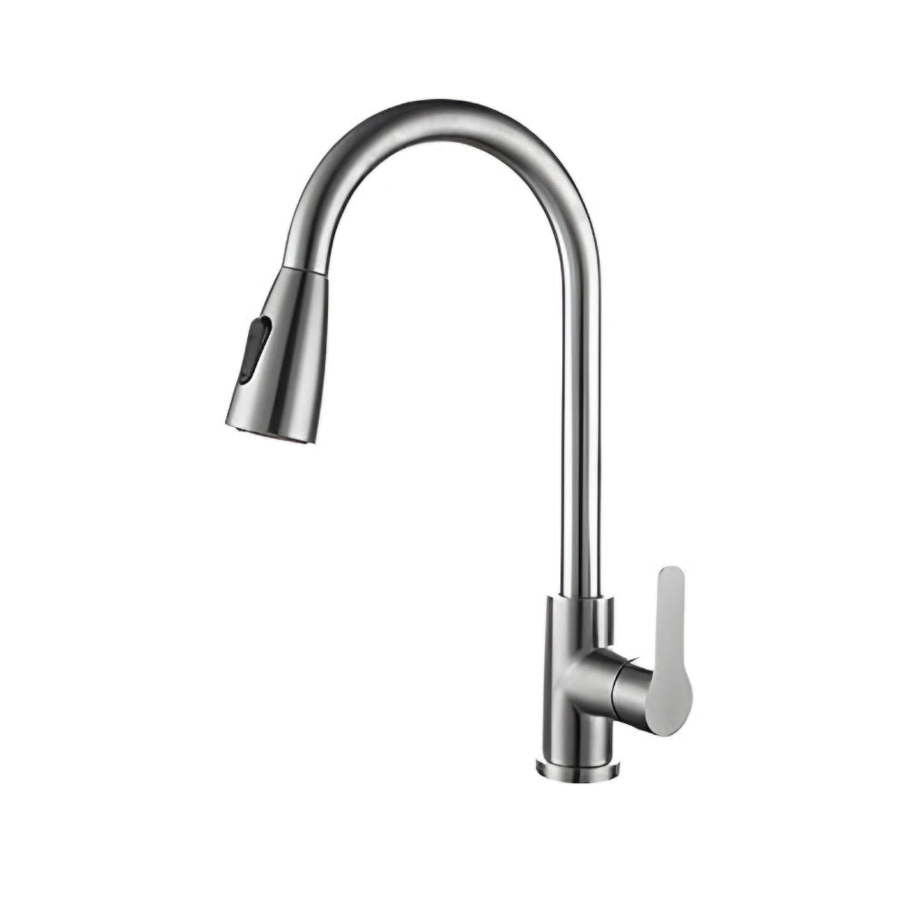 A silver kitchen sink faucet with a pull-out sprayer and a high arch, set against a white background.