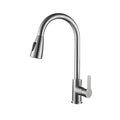 A silver kitchen sink faucet with a pull-out sprayer and a high arch, set against a white background.