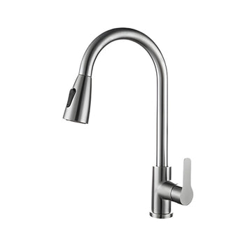 A silver kitchen sink faucet with a pull-out sprayer and a high arch, set against a white background.