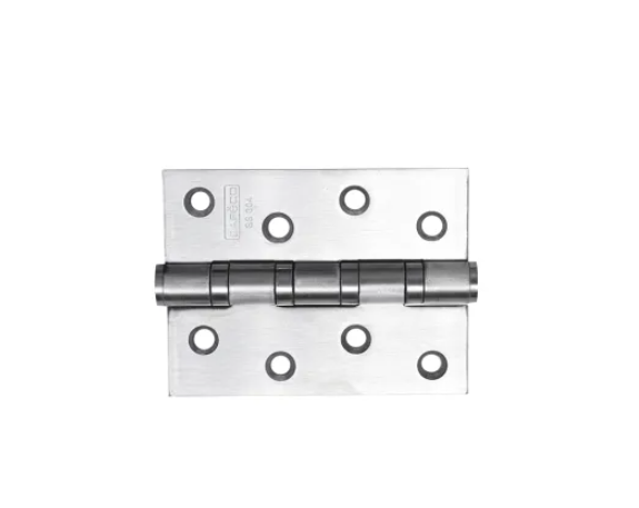 Stainless steel hinge with a silver finish, measuring 4 by 3 by 3mm, showing four holes on each side for mounting.