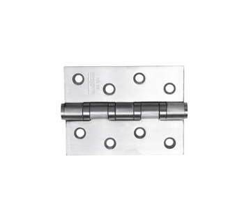 Stainless steel hinge with a silver finish, measuring 4 by 3 by 3mm, showing four holes on each side for mounting.