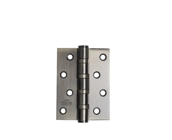 A stainless steel 4 x 3 x 3mm hinge with a silver finish, showing the front view with visible screws and pivot.