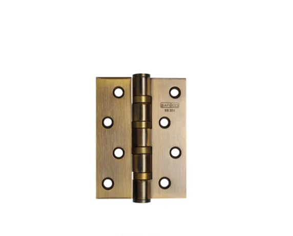 A bronze-colored stainless steel hinge measuring 4 x 3 x 3mm, with visible screws and branding on the surface.