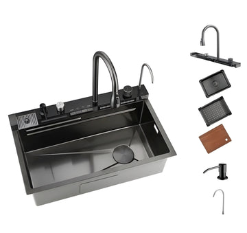 Kitchen sink set with faucet, drain, and additional accessories on a white background