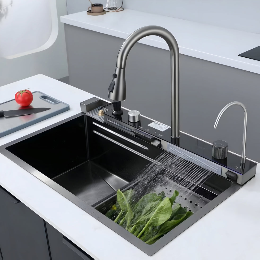 Kitchen sink set with faucet, drain, and additional accessories on a white background
