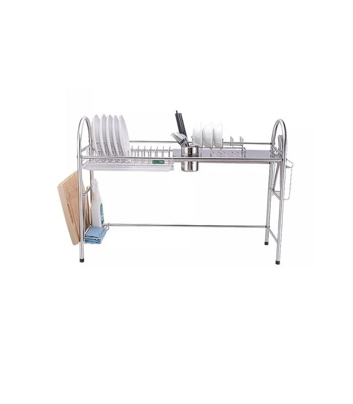 A silver two-tier stainless steel counter top kitchen sink rack with a black drainboard, including cutlery bucket and mug holders.