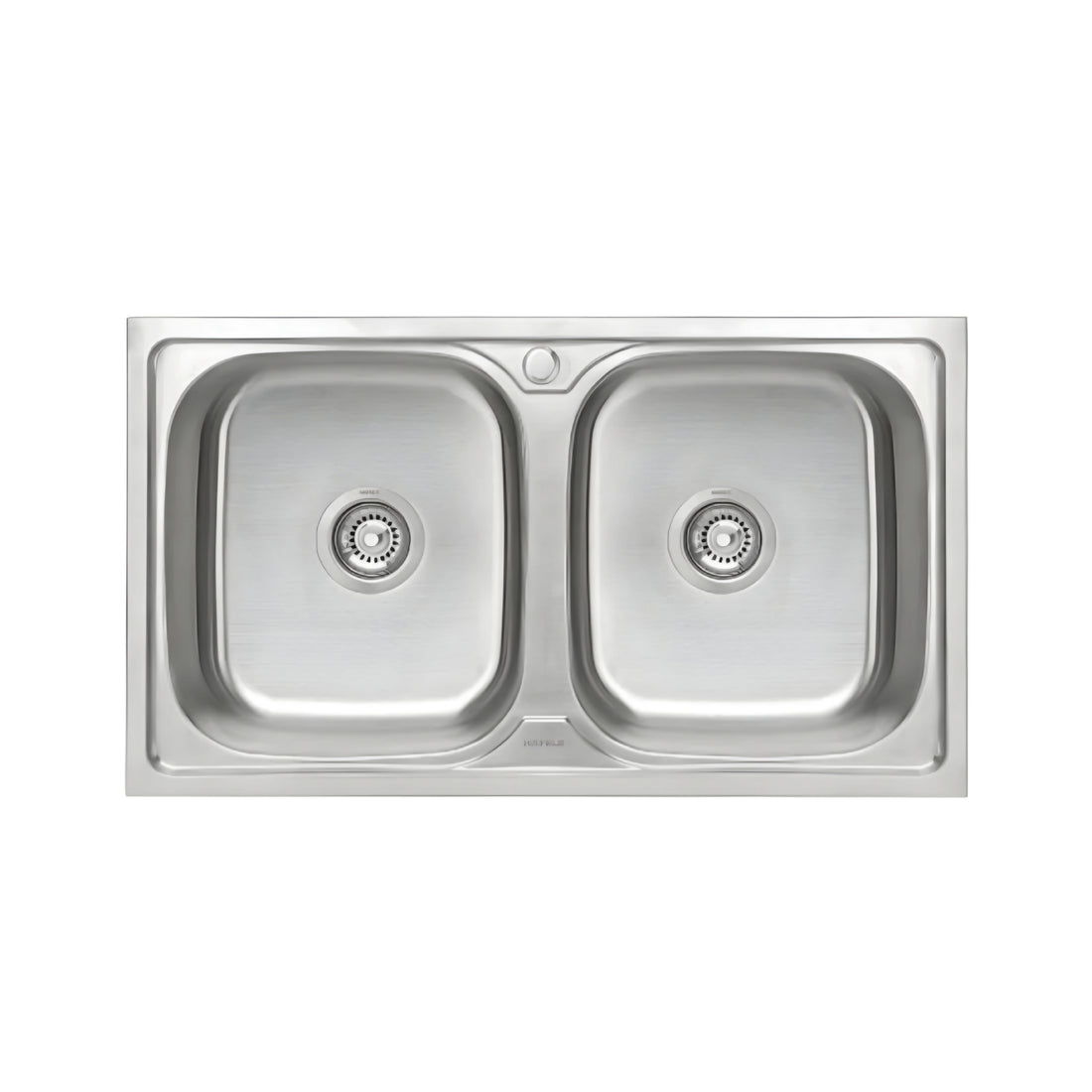 Stainless steel double basin kitchen sink on a white background