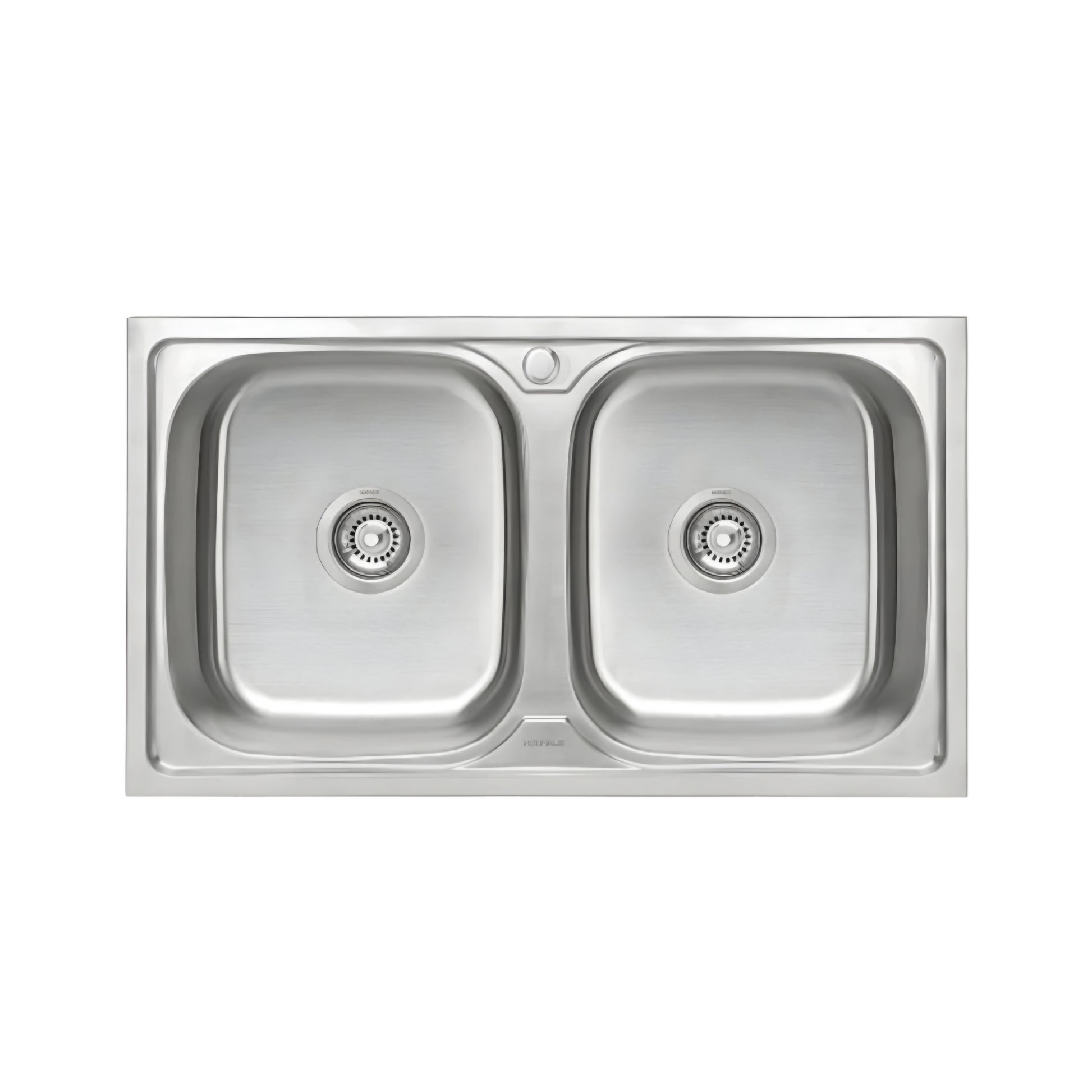 Stainless steel double basin kitchen sink on a white background