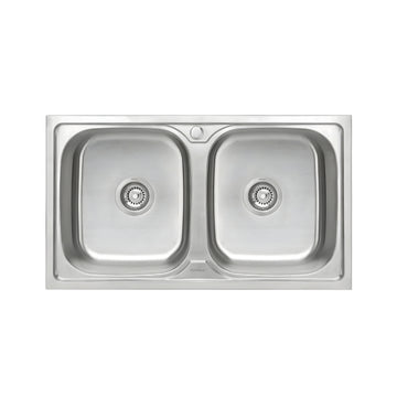 Stainless steel double basin kitchen sink on a white background