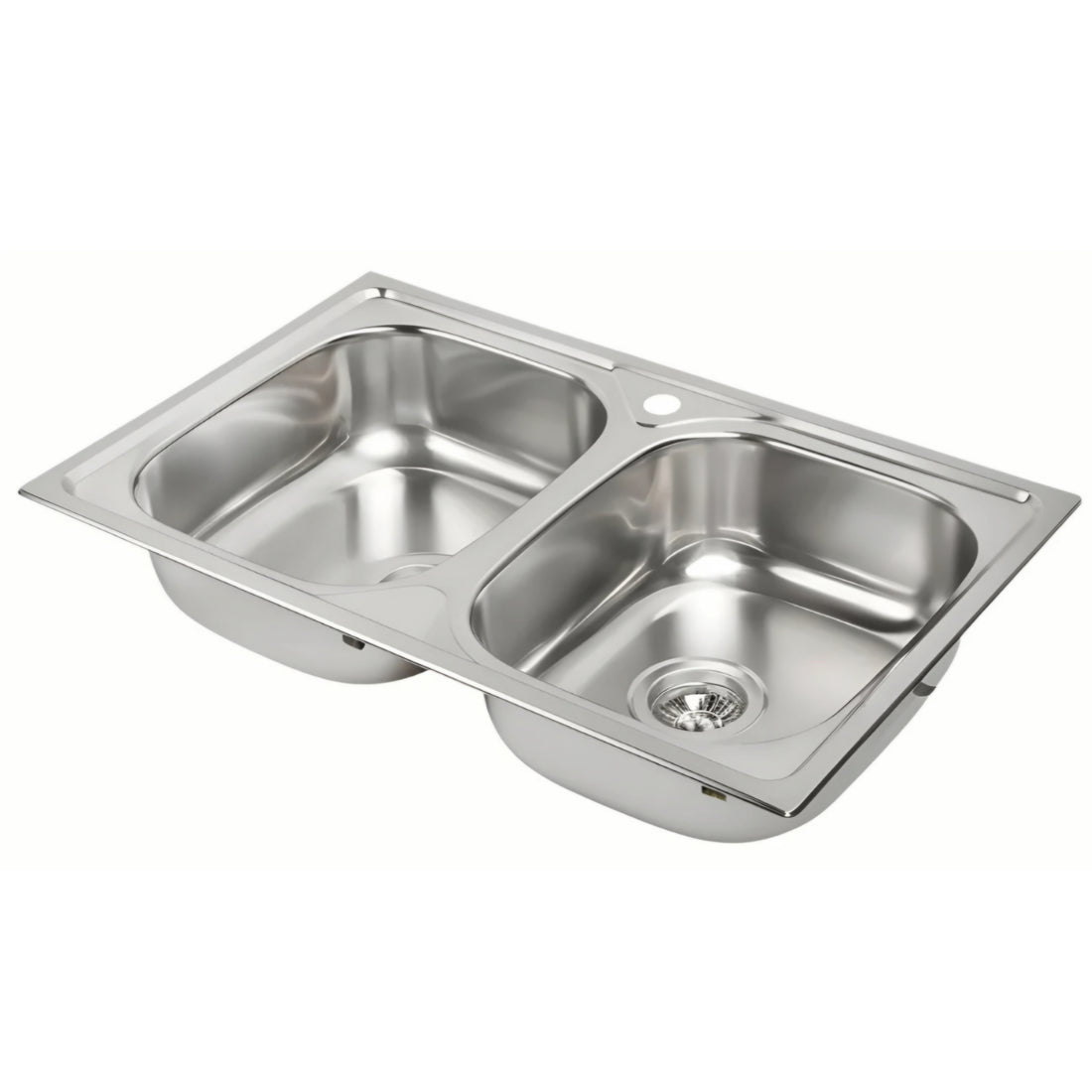Stainless steel double basin kitchen sink on a white background