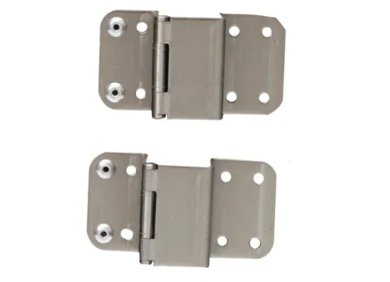 A pair of silver stainless steel double hinges with visible screws and mounting holes.
