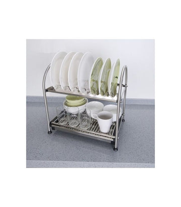 A silver metal dish drying rack over sink, with plates, bowls, and cups arranged on it.