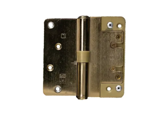 A brown metal hinge measuring 4 x 2 inches, viewed from the front angle showing the pivot and mounting screws.