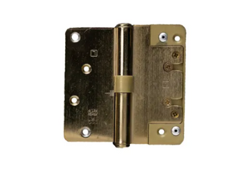 A brown metal hinge measuring 4 x 2 inches, viewed from the front angle showing the pivot and mounting screws.