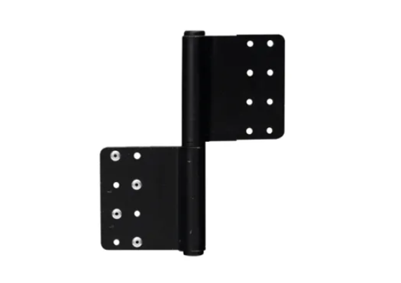 A black steel hinge with a double-flap design, intended for use in cabinetry or furniture making.