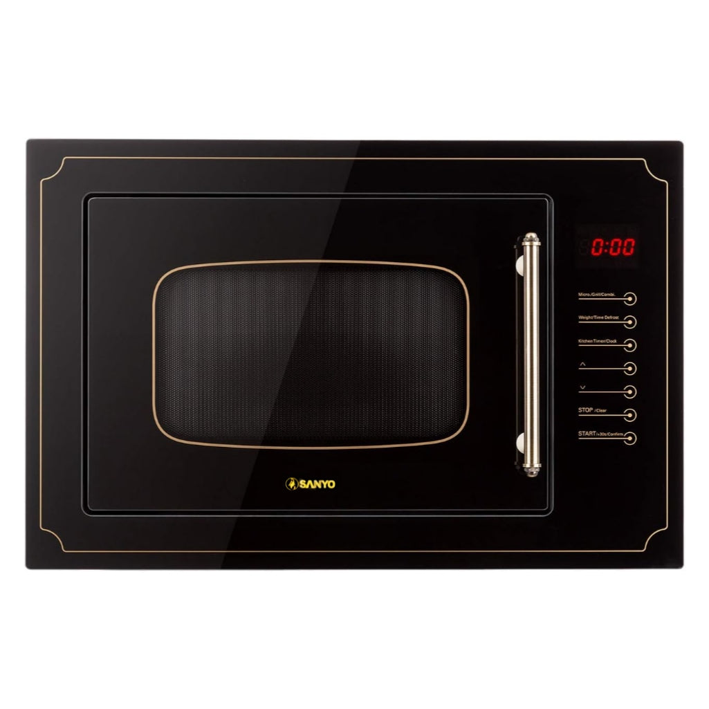 Sanyo Retro Style 25L Built in Microwave Oven with a black exterior, gold accents, and a digital display.