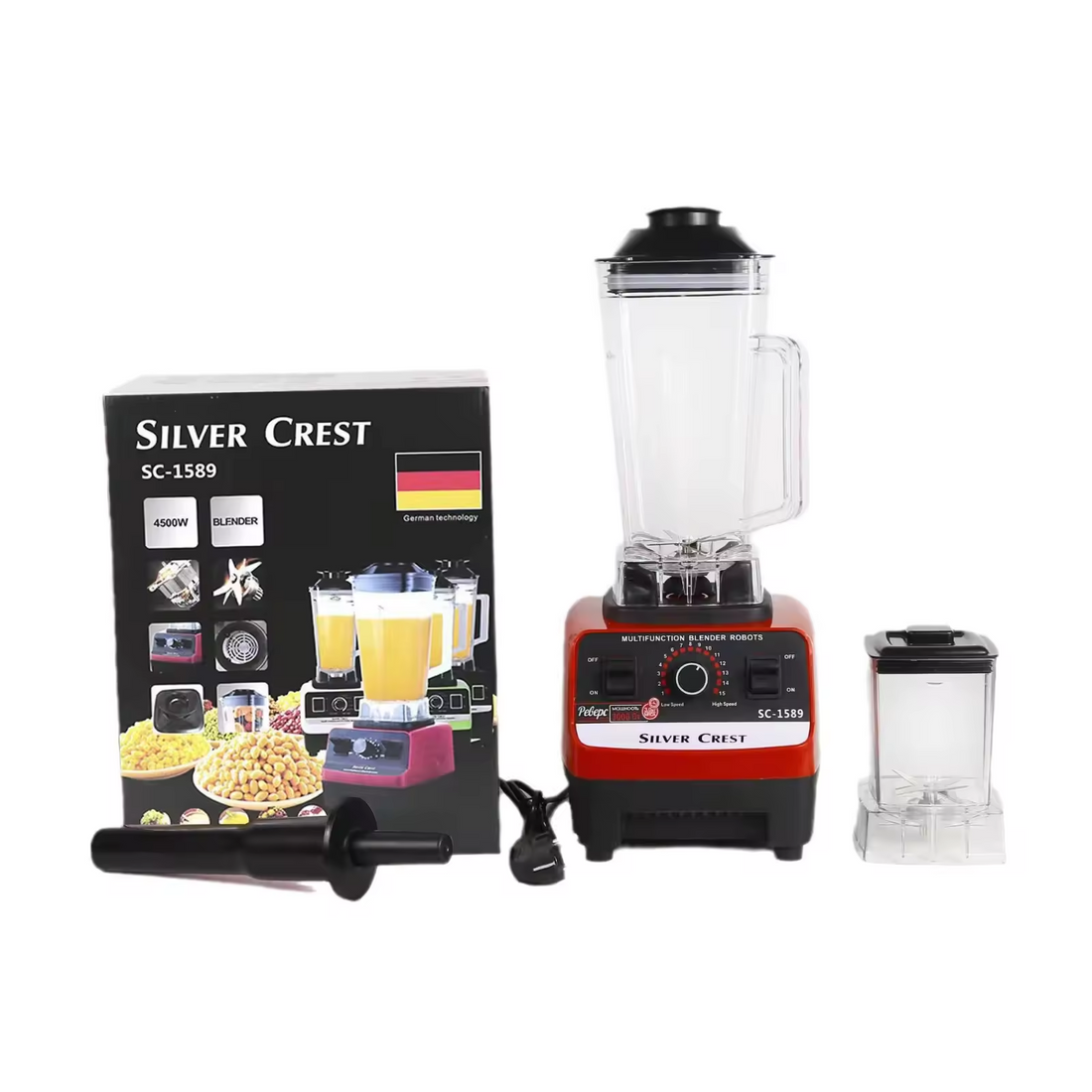 Silver Crest High Performance Multifunctional Blender with a red base and black controls, alongside a clear blender jar filled with ingredients.