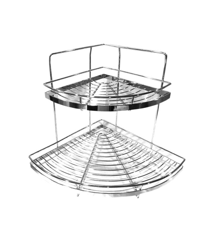 A two-tiered silver dish drying rack with glasses and plates arranged on it, set against a white background.