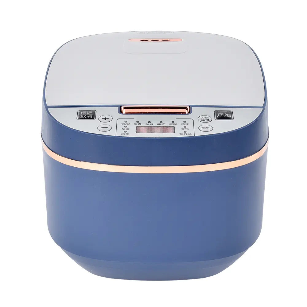 A blue and white smart automatic digital 5L multi rice cooker with a digital LED display and timer function.