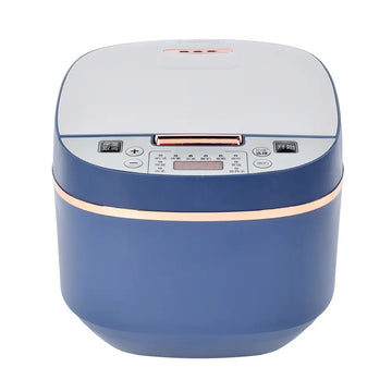 A blue and white smart automatic digital 5L multi rice cooker with a digital LED display and timer function.