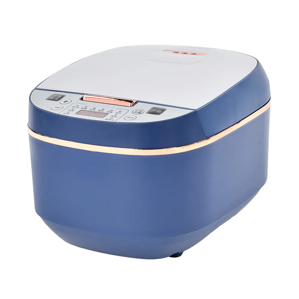 A blue and white smart automatic digital 5L multi rice cooker with a digital LED display and timer function.