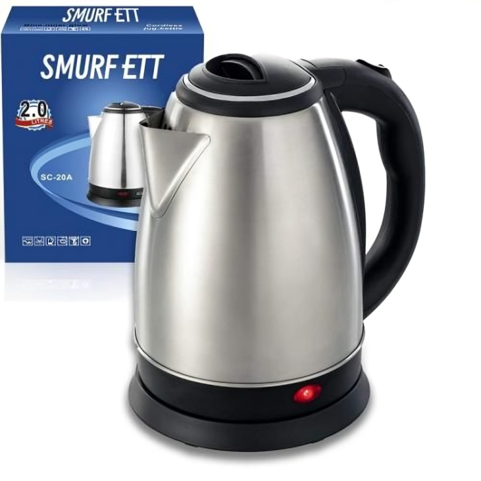 A Smurfett electric heat kettle with a detachable design and a power base, displayed alongside its packaging box.