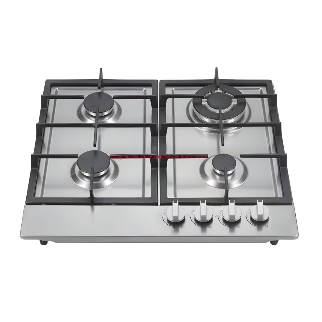 A silver stainless steel TOP GAS 4 burner gas cooker with a built-in/counter-top design and electric ignition.